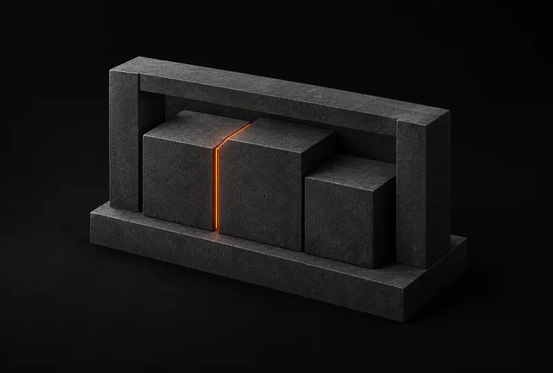 Three stone modules seated in a stone frame with one glowing orange seam at a join