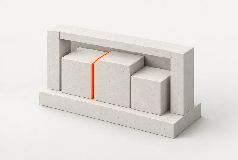 Three stone modules seated in a stone frame with one glowing orange seam at a join